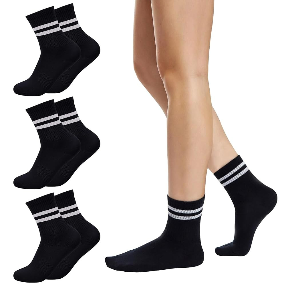 3 Pairs Solid Color Two Stripe Crew Socks Casual Athletic Socks Vintage Retro Running Cotton Sock... | Amazon (CA)