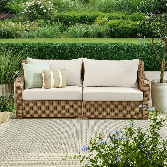 Better Homes & Gardens Bellamy Outdoor 1pc Sofa, Tan Wicker/Cream Cushion | Walmart (US)