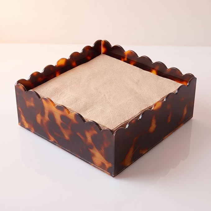 Tortoiseshell Scalloped Design Cocktail Napkin Holder 6x6 Inch Vintage Acrylic Napkin Tissue Box ... | Amazon (US)