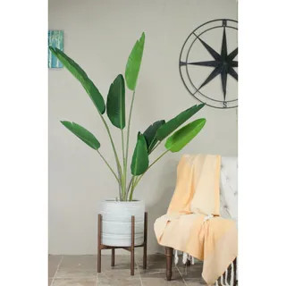 Mid-Century Modern Ceramic Planter Gray With Wood Stand 13? Dark Walnut | Bed Bath & Beyond