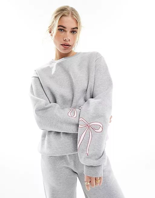 ASOS DESIGN sweatshirt and jogger co-ord with bow detail in grey marl | ASOS (Global)
