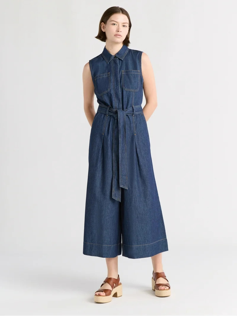 Free Assembly Women's and Women's Plus Chambray Wide Leg Cropped Jumpsuit, Sizes XS-4X | Walmart (US)