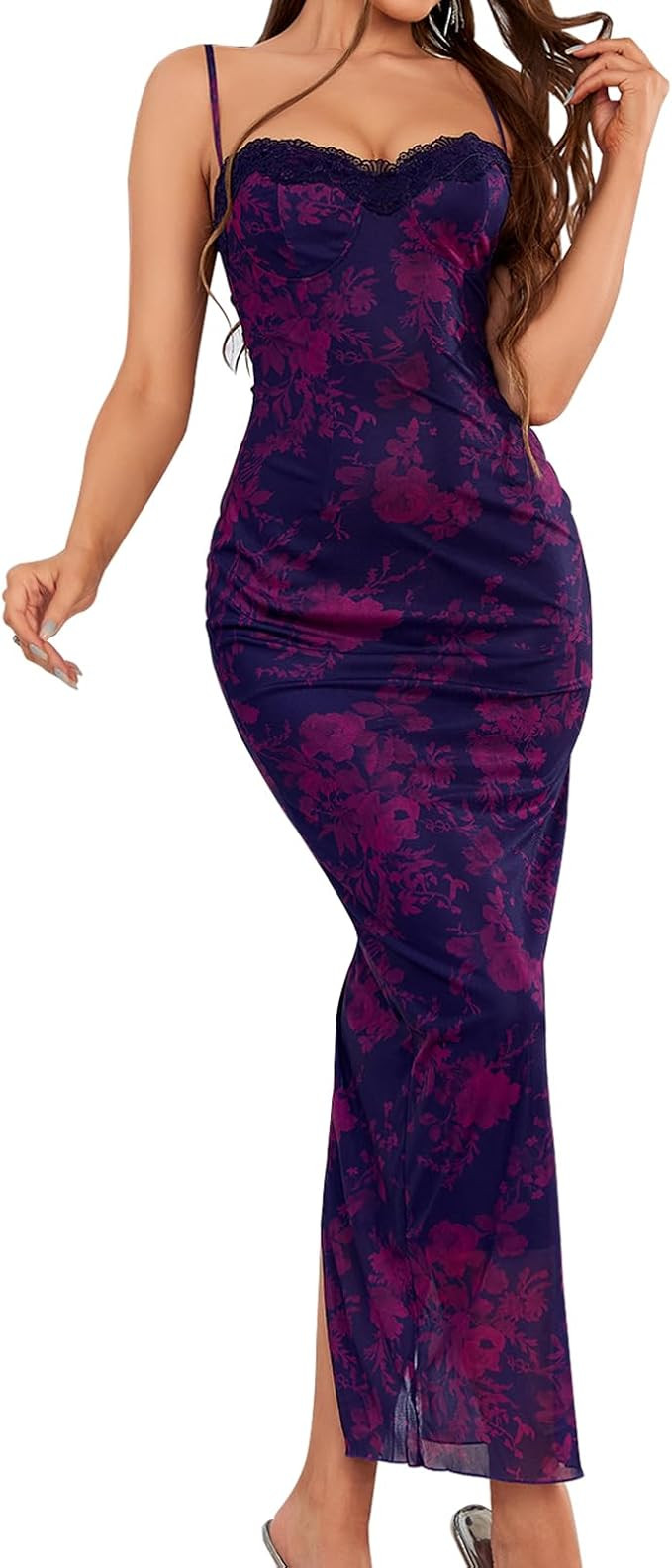 GLNEGE Women's Summer Floral Midi Wedding Guest Dress Spaghetti Strap Bodycon Party Dresses Lace ... | Amazon (US)