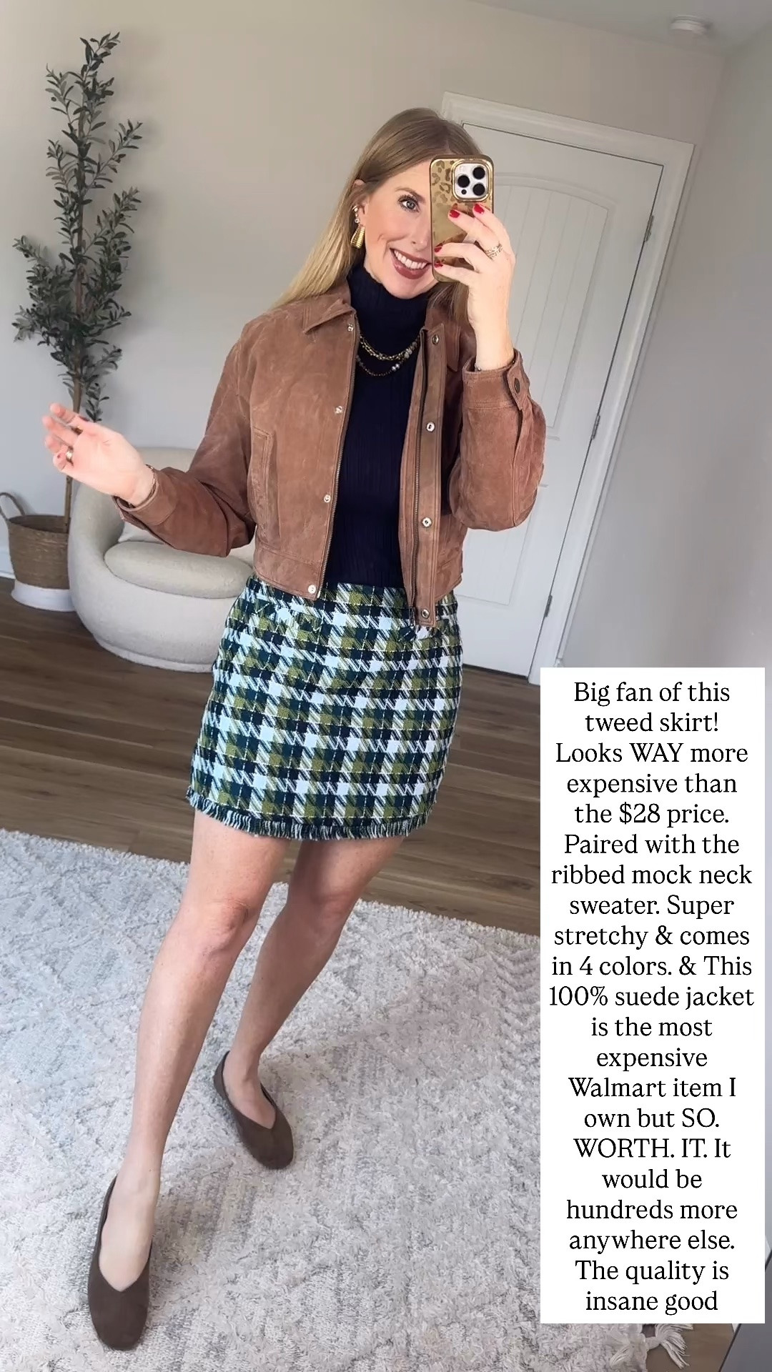 Walmart outfit, Walmart try on, suede jacket, tweed skirt

#LTKootd