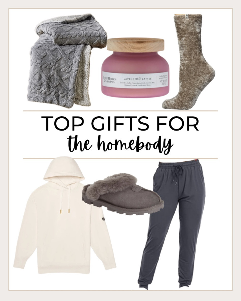 Gift ideas for the homebody include Better Homes & Gardens 18oz Lavender & Lattes Scented 2-Wick Bell Jar Candle, Ugg cozy socks, cotton hoodie, drawstring joggers, Ugg slippers, and Sherpa throw blanket

Gift ideas, gift idea, homebody gifts, Christmas gifts, Christmas gift, gift guide, gifts for her, cozy gifts

#LTKstyletip #LTKunder100 #LTKSeasonal