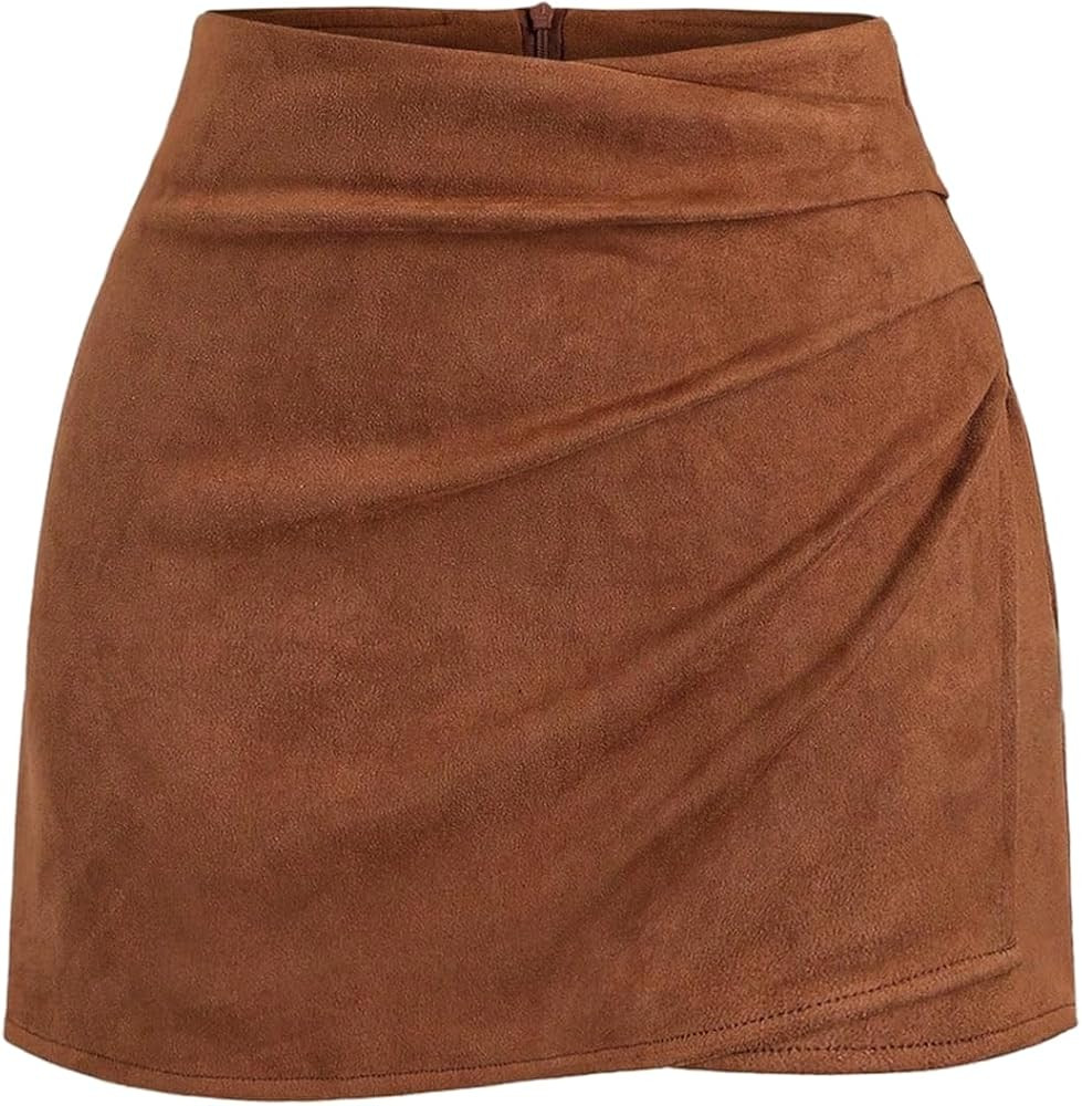 MakeMeChic Women's Suede Skirt Ruched Zip Back Bodycon Vintage Wrap Y2K Short Skirts | Amazon (US)