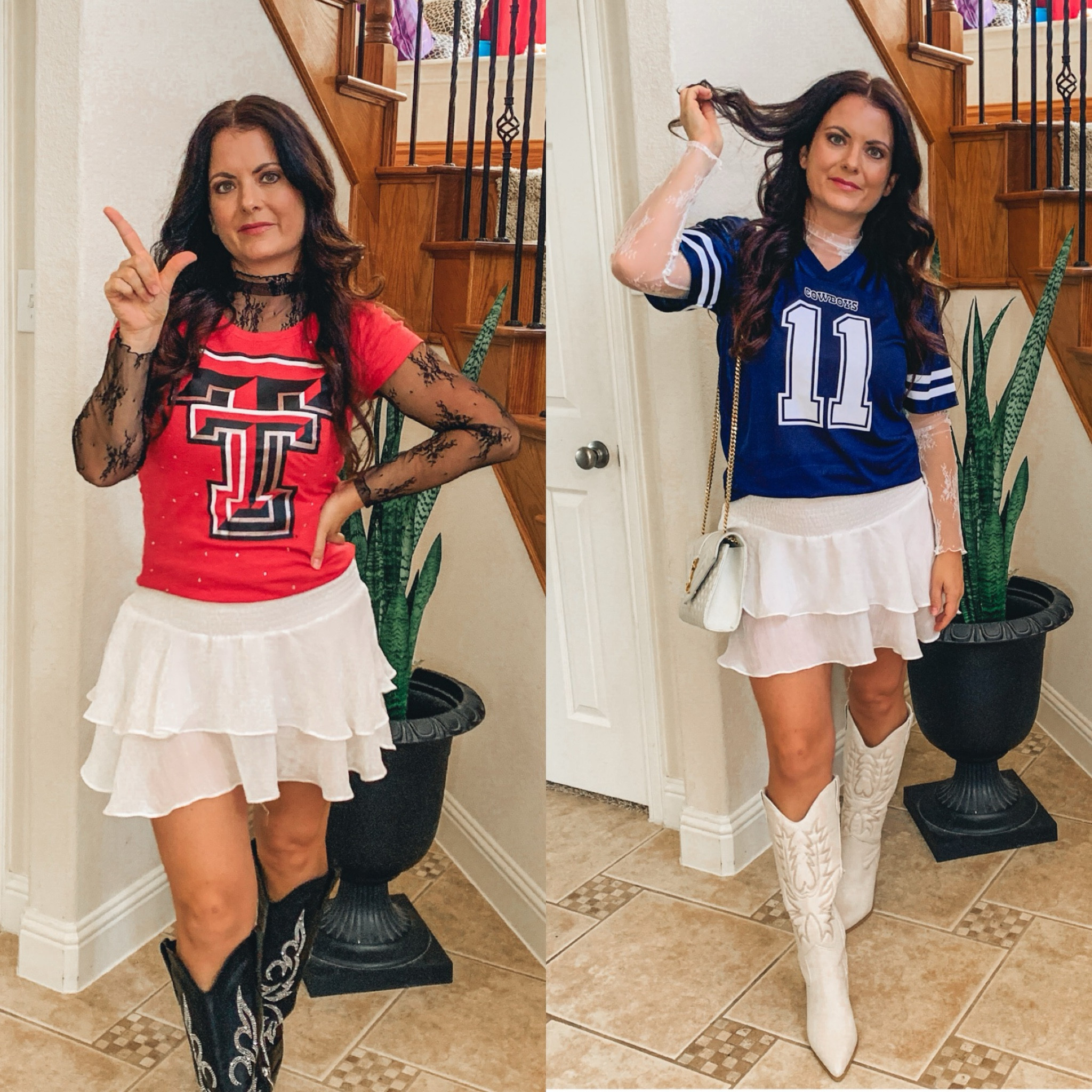 Game Day Outfit. Dallas Cowboys Game Day Outfit. Texas Tech Game Day Outfit. Texas tech t-shirt. Dallas cowboys jersey. White skirt. Cowgirl boots. White cowgirl boots. Black cowgirl boots. Lace Amazon top. Viral lace Amazon top. 

#LTKstyletip #LTKshoecrush #LTKSeasonal