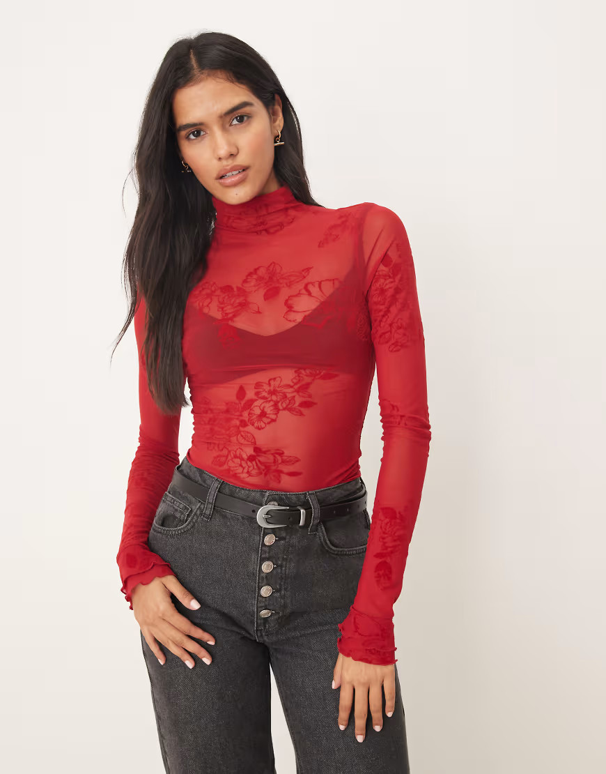 Free People filigree high neck long sleeve mesh top in deep cherry-Red | ASOS (Global)