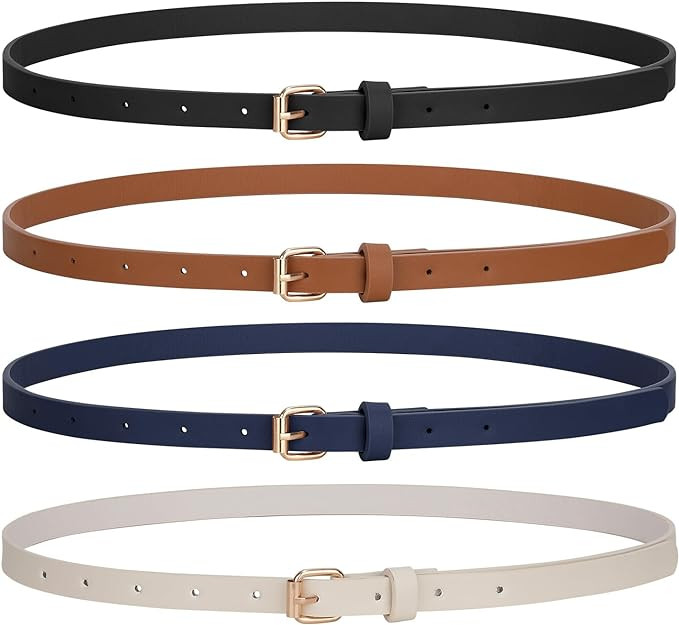 JASGOOD 4 Pack Skinny Women Leather Belt for Dresses Thin Waist Belt for Jeans Pants with Gold Bu... | Amazon (US)