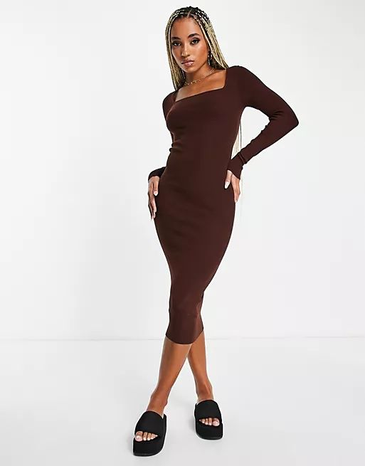 ASOS DESIGN knitted midi dress with open back and ruched detail in brown | ASOS (Global)