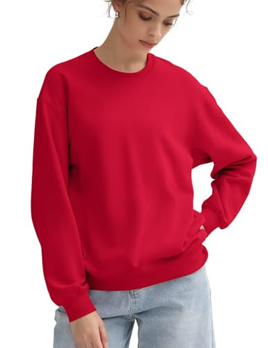 PUMIEY Womens Sweatshirt Crew Neck Long Sleeve Shirts Loose Fit Pullover Trendy Tops, Ruby Small | Amazon (US)