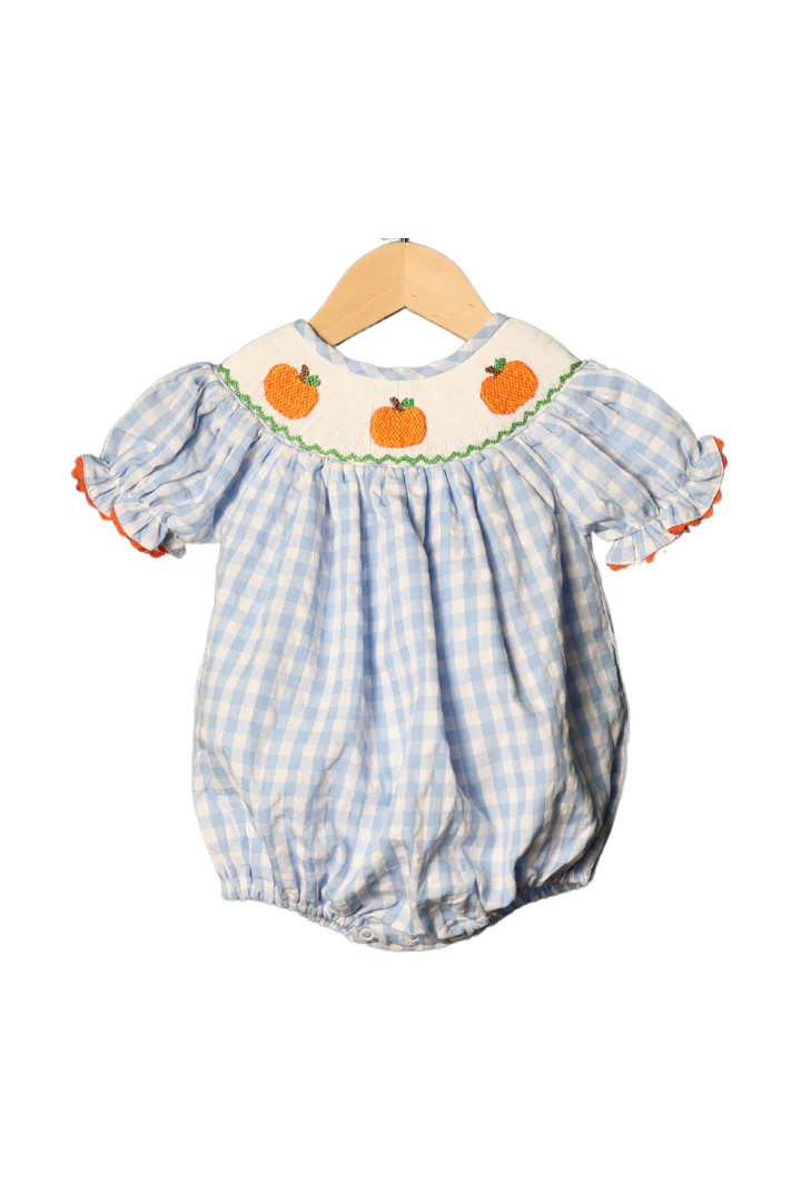 Smocked Pumpkin Blue Seersucker Bubble | The Smocked Flamingo