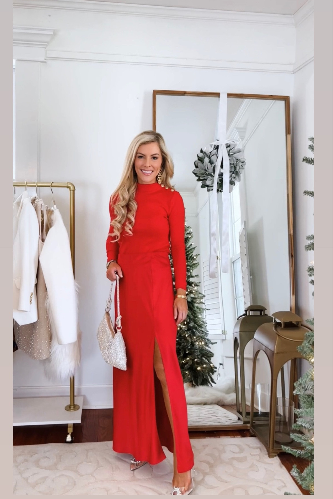 Holiday outfit 

Red gold button top : xxs
Red satin maxi skirt : xxs

Crystal embellished heels : sized down for larger back strap 

#LTKHoliday #LTKsalealert #LTKCyberWeek