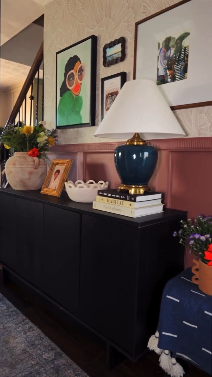 No more awkward hallway. Now it’s the perfect intentional pass through between my foyer through to my family room and kitchen. Now I’m ready to move on to the foyer because she is gonna shine! 

Comment “Entryway” to have to shop any of the items and have sent to your inbox! 

Paint color is Oakwood Brown by @behrpaint and art and other supplies are from @homedepot