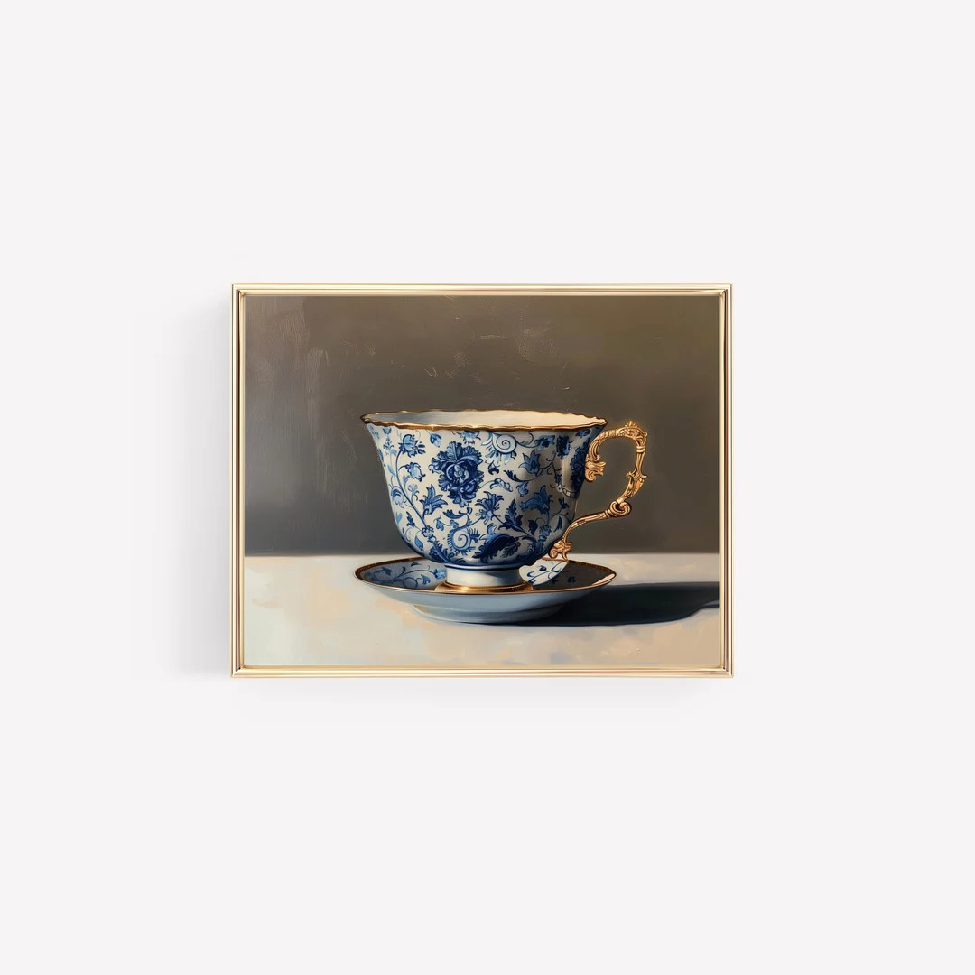 Blue and White Chinoiserie Teacup Vintage Muted Tone Painting Digital Print Neutral Vintage Tea P... | Etsy (US)