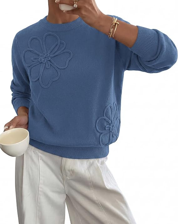 BTFBM Fall Long Sleeve Sweaters for Women Trendy | Lightweight Knit Sweater, Cute 3D Flower Embro... | Amazon (US)