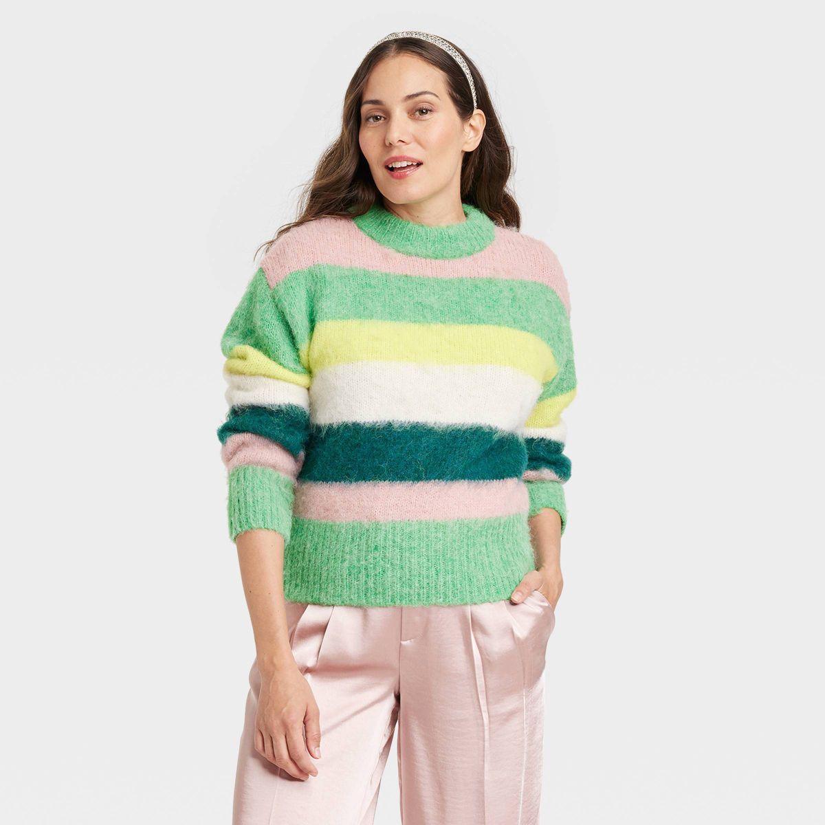 Women's Crewneck Brushed Pullover Sweater - A New Day™ Green/White/Yellow/Pink Striped M | Target