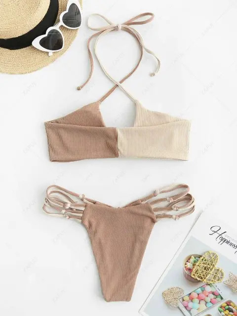 ZAFUL Criss Cross Halter Knotted Strappy Two Tone Bikini Swimwear | ZAFUL (Global)