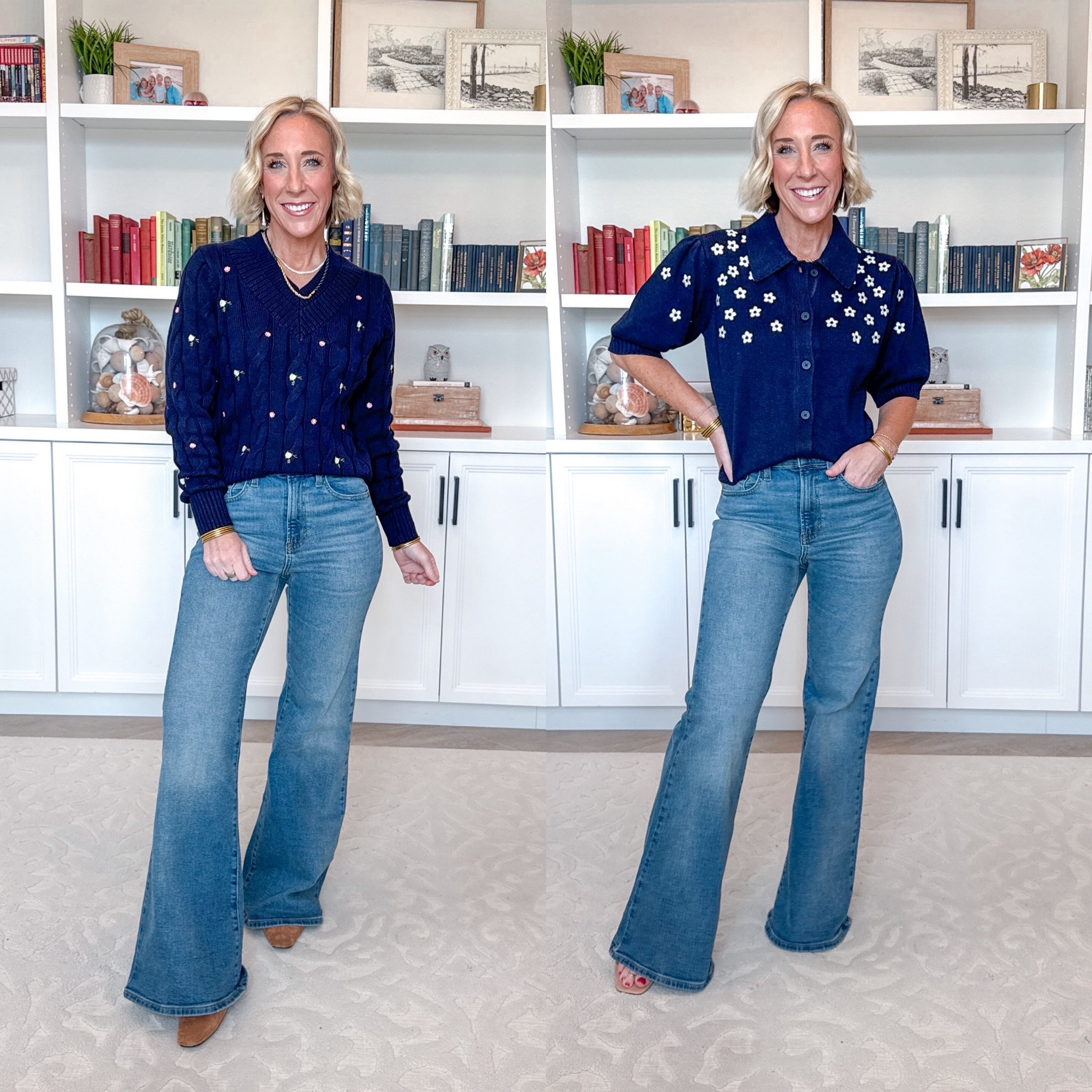 Walmart - fall new arrivals * Cotton Cable Knit Sweater - size XS. $26. 2 colors. * Medium Wash High-Rise 70's Flare Jeans - size 2 regular. $40. 2 colors. Embroidered Cardigan Sweater w/ Elbow Sleeves - size XS. $30. 2 colors. 
#LTKOver40#LTKSeasonal#LTKPetite