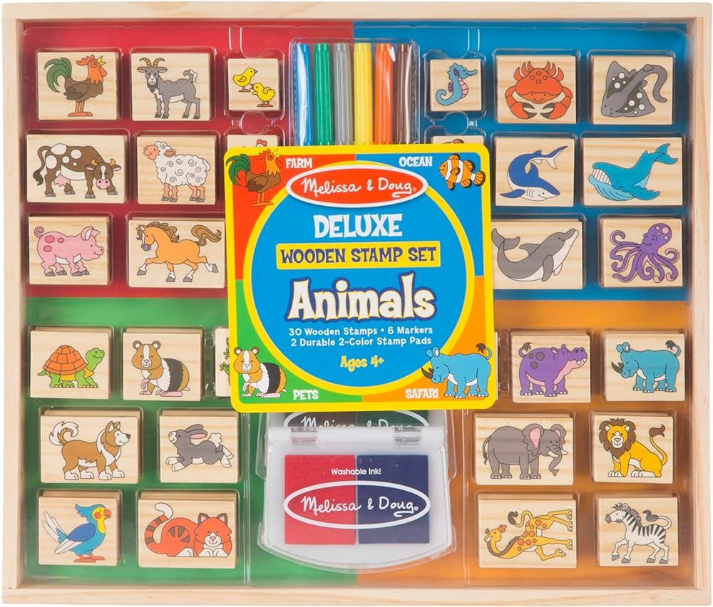 Melissa & Doug Deluxe Wooden Stamp Set: Animals - 30 Stamps, 6 Markers, 2 Stamp Pads - Kids Art P... | Amazon (US)