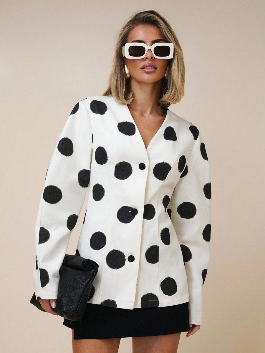 COSMINA Women's Elegant Large Polka Dot Deep V Neck Commuter Blouse, Suitable For Office Wear In ... | SHEIN