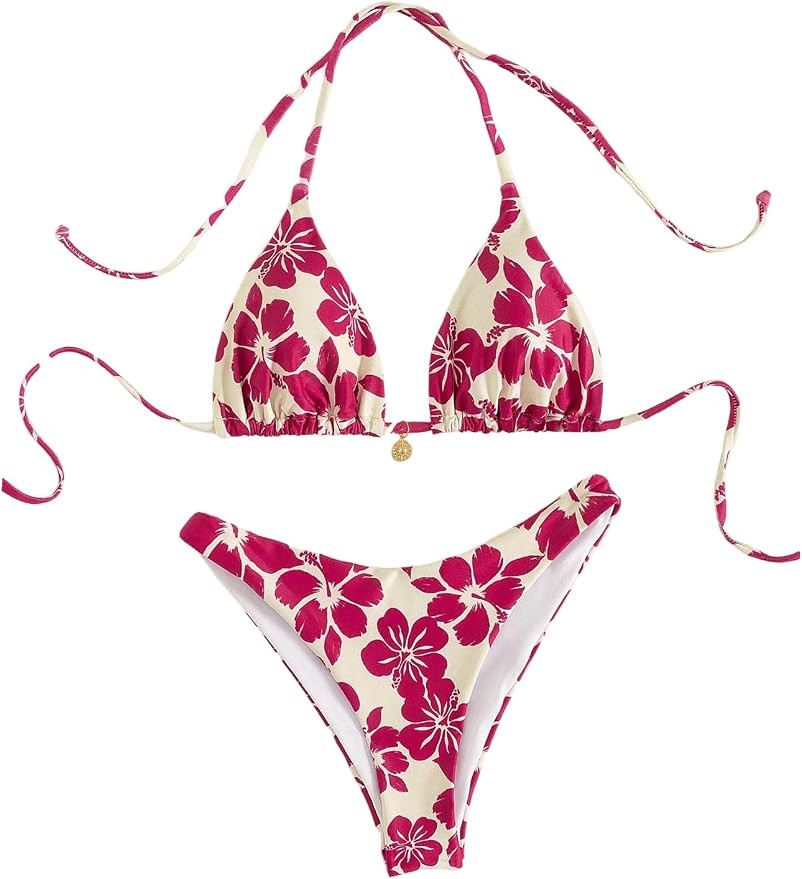 SOLY HUX Women's Boho Floral Print Halter Swimsuit Tie Back High Cut Bikini Set 2 Piece Bathing S... | Amazon (US)