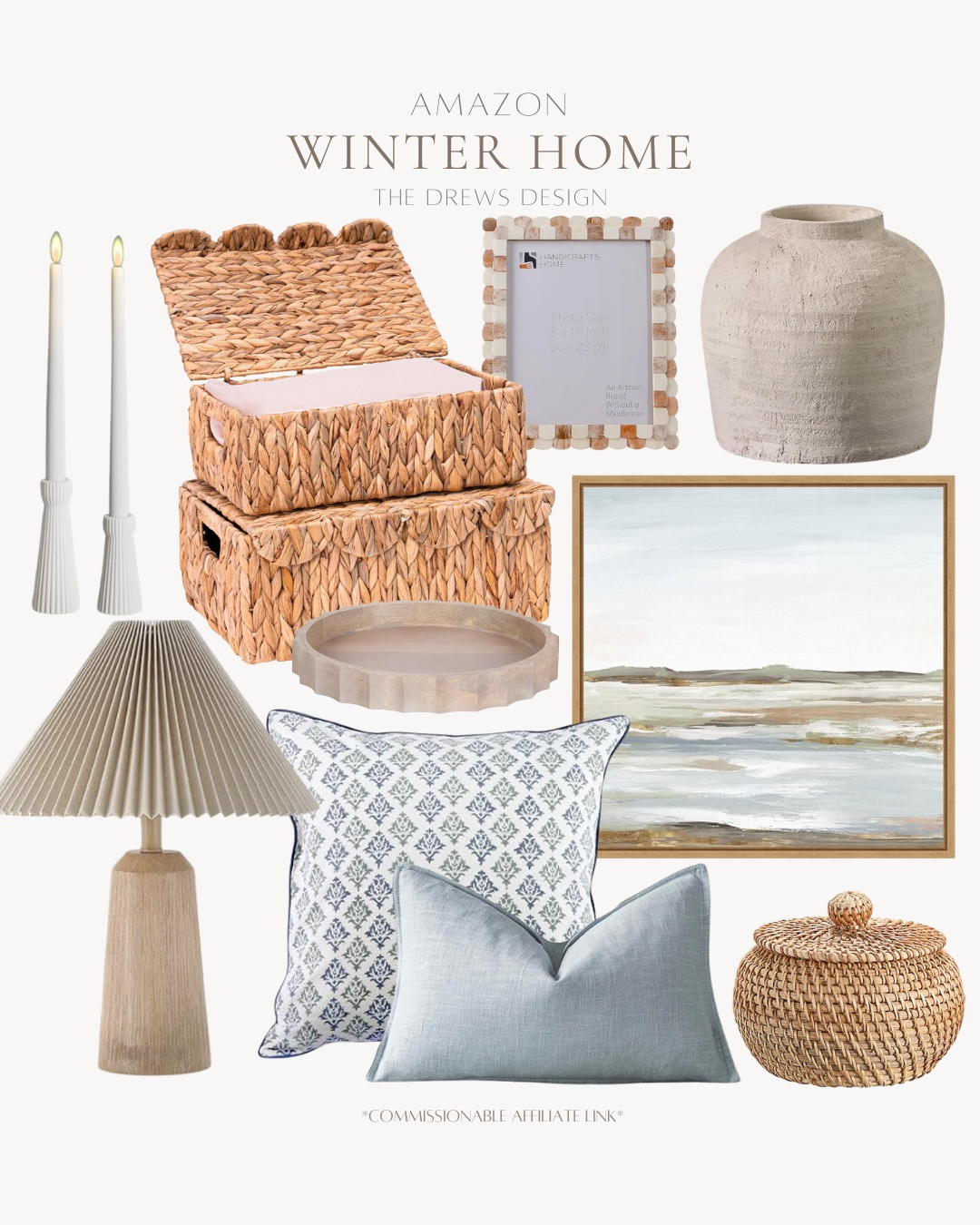 Winter home finds include wall art, vase, frame, woven baskets, candlestick holder, table lamp, tray, throw pillows, decorative box.

Home decor, home accents, winter home, home refresh.

#LTKFindsUnder50 #LTKFindsUnder100 #LTKHome