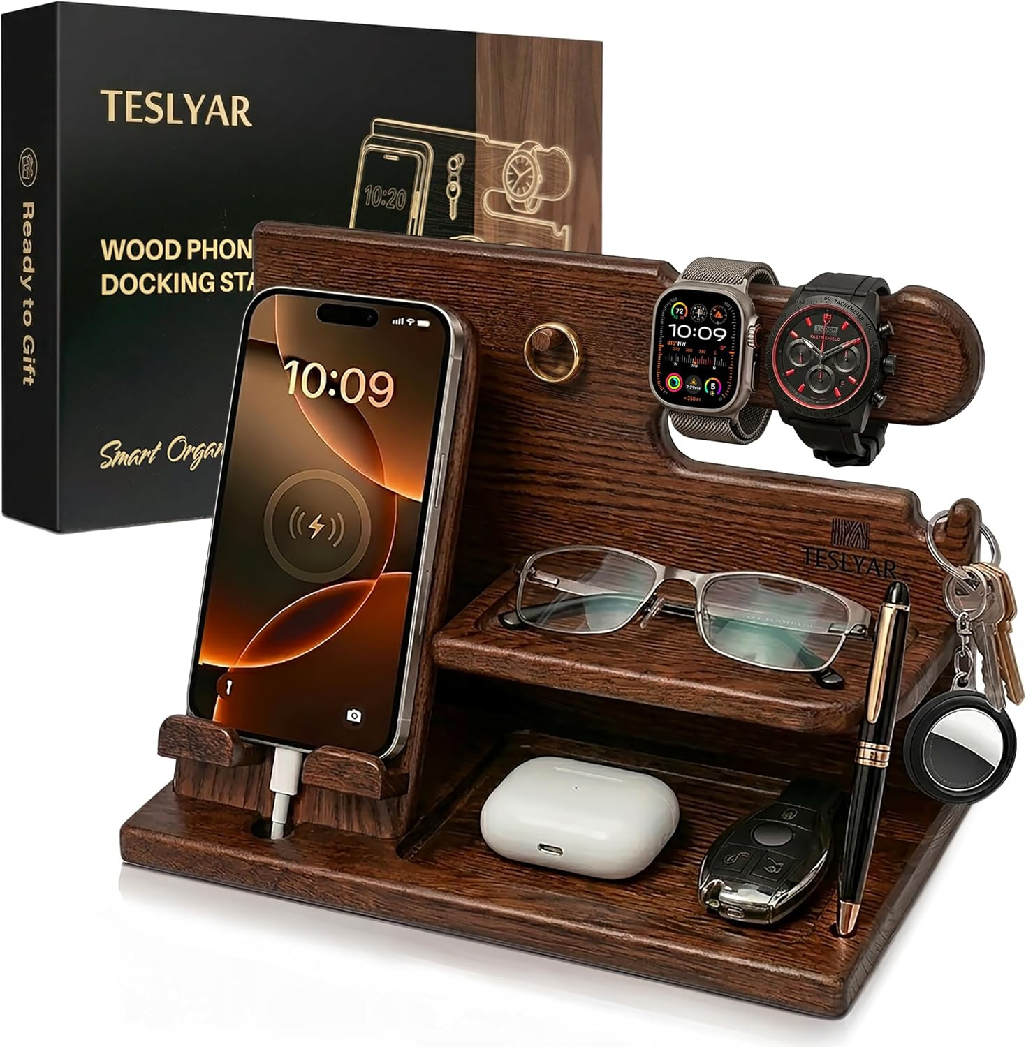 TESLYAR Wood Phone Docking Station for Men - Desk or Nightstand Organizer - Birthday Gifts for Husband, Dad - Anniversary Idea from Wife - Key Holder, Stand Wallet, Watch & Essentials (Bourbon Brown) | Amazon (US)