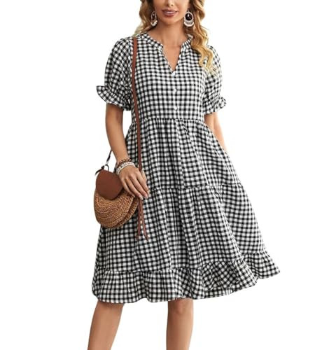 chouyatou Women's Y2k Plaid Babydoll Dress Puff Sleeve Ruffle Hem Short Dress Retro Gingham Swing Midi Dress (Large, Black) | Amazon (US)