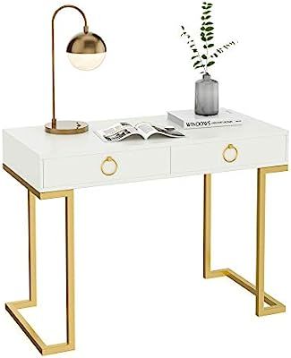 Nathan James Leighton Two-Drawer Home Office Computer Desk Vanity Table, Wood and Metal, White/Go... | Amazon (US)