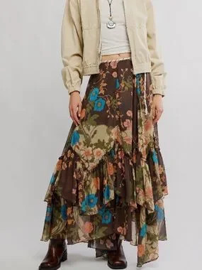 NWOT Free People Palermo Villa Chiffon Floral maxi skirt in chocolate combo | Poshmark