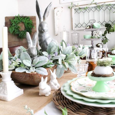 Hop into Easter with simple ideas for styling a charming spring tablescape with jadeite and bunnies styled in a dough bowl centerpiece. 

#LTKSeasonal #LTKstyletip #LTKhome