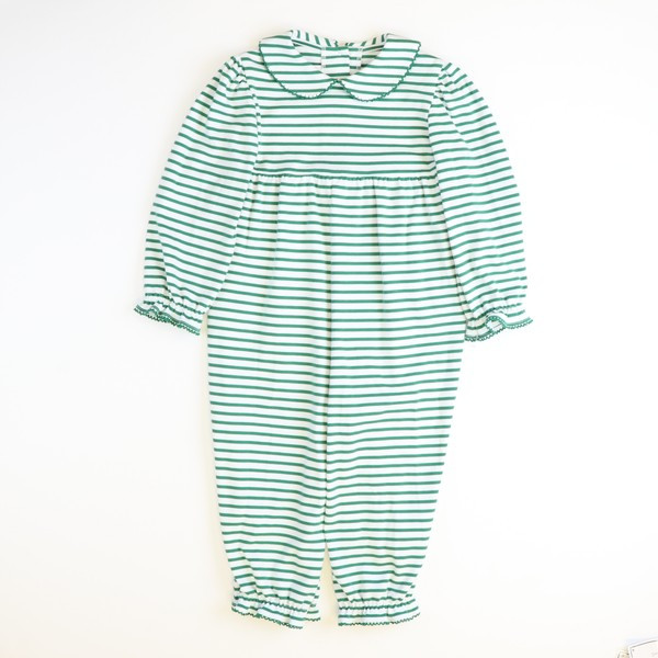 Long Sleeve Collared Girl Long Bubble - Christmas Green Stripe Knit | Southern Smocked Co.