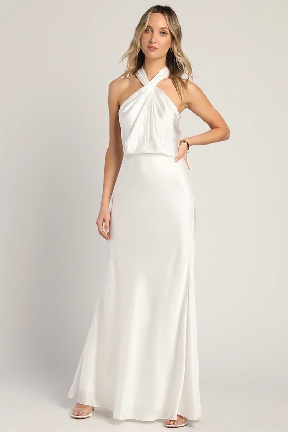 At the Halter White Satin Halter Neck Twist-Front Maxi Dress | Lulus (US)