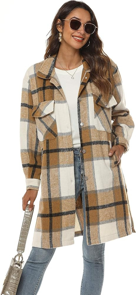 Springrain Women's Casual Plaid Wool Blend Shacket Button Shirt Long Jacket Coat | Amazon (US)