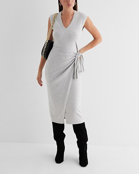 V-Neck Cap Sleeve Tie Waist Midi Sweater Dress | Express