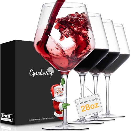 Super Large 28oz Wine glasses set of 4-Extra Large Red Wine Glasses with stem-Hand Blown Crystal Giant Burgundy Red Wine Glasses-Light,Thin,Wine tasting Large Cabernet Sauvignon Glasses | Amazon (US)