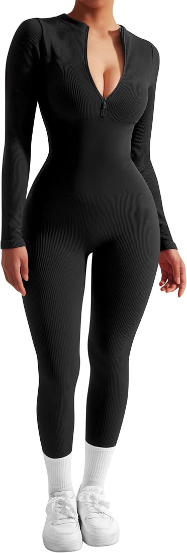 SUUKSESS Women Long Sleeve Ribbed Jumpsuit Zip up Front Workout Bodycon Romper | Amazon (US)