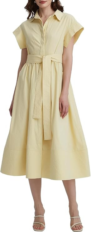 Womens Summer Shirt Dress Short Wing Sleeve Button Down Midi Shirts Dresses with Belt | Amazon (US)