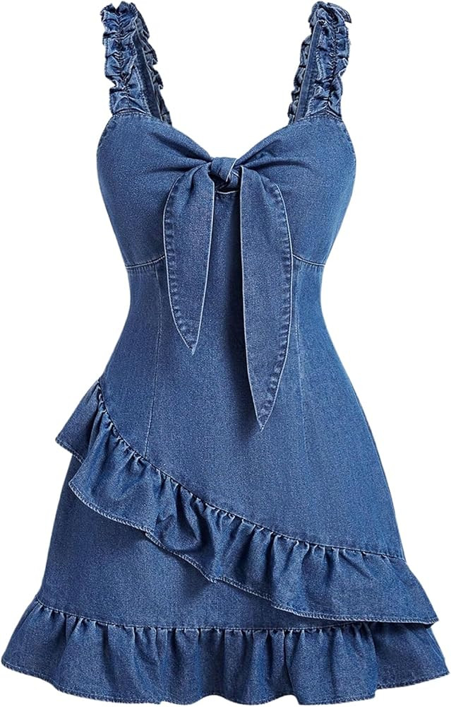 WDIRARA Women's Tie Front Ruffle Denim Cami Dress Frill Trim Sleeveless Short Dress | Amazon (US)