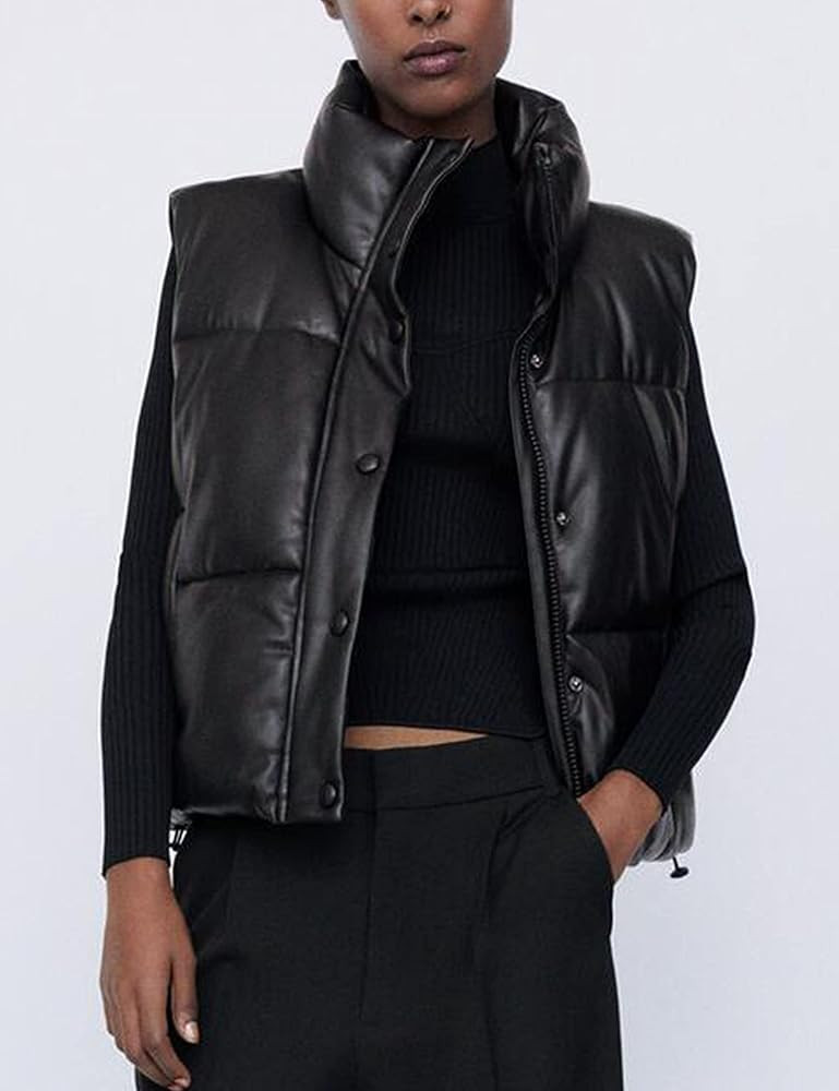 Zhiyouni Womens Faux Leather Sleeveless Puffer Vest Zipper Winter Padded Jacket Vest Gilet | Amazon (US)