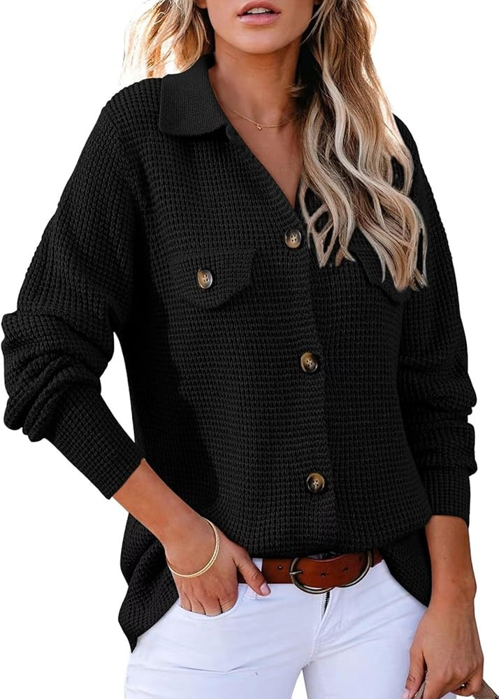 Astylish Women 2025 Fall Outfits Waffle Chunky Knit Cardigan Sweaters Cozy Casual Long Sleeve But... | Amazon (US)