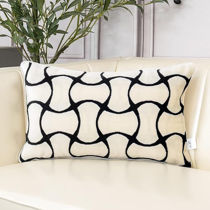 Aeckself 12 x 20 Inch White Geometric Black Wavy Stripe Cut Velvet Cushion Case Luxury Modern Lum... | Amazon (US)