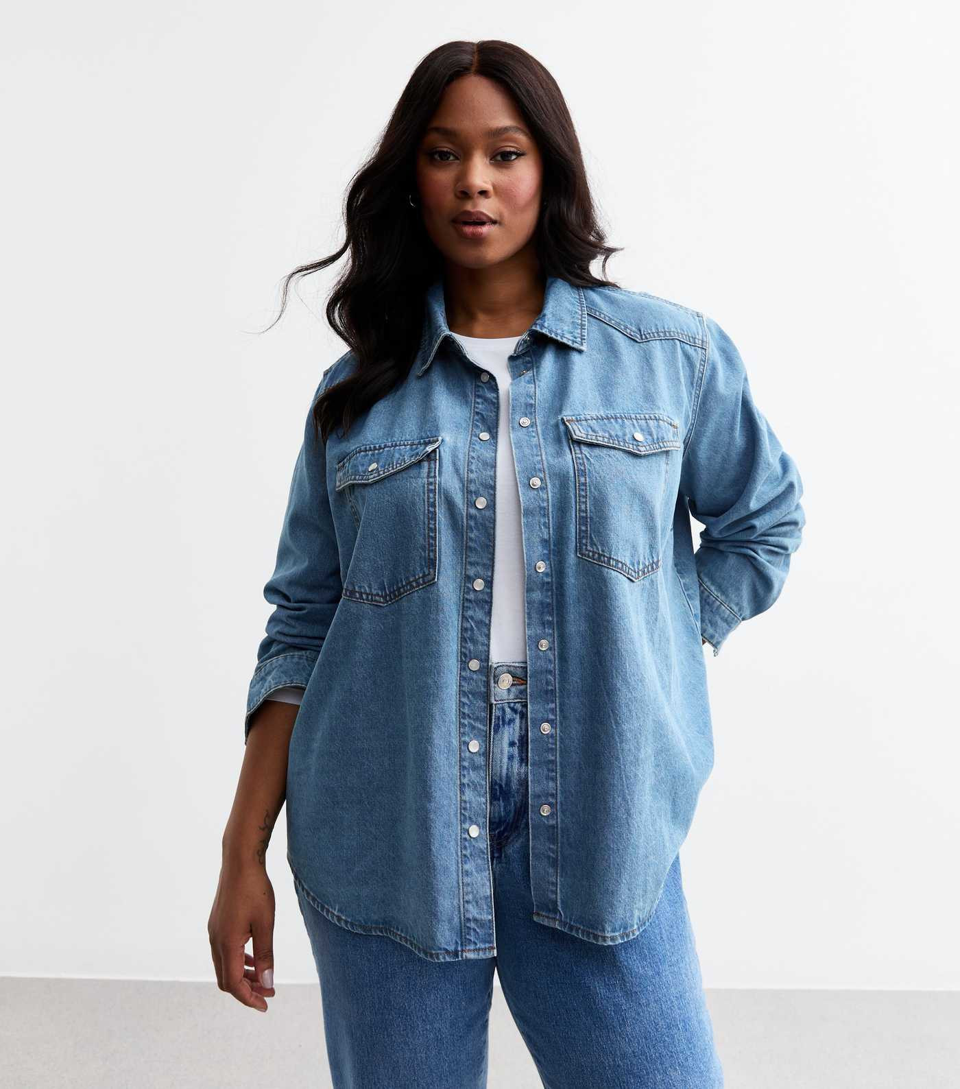 Curves Blue Button Pocket Denim Shirt
						
						Add to Saved Items
						Remove from Saved Ite... | New Look (UK)