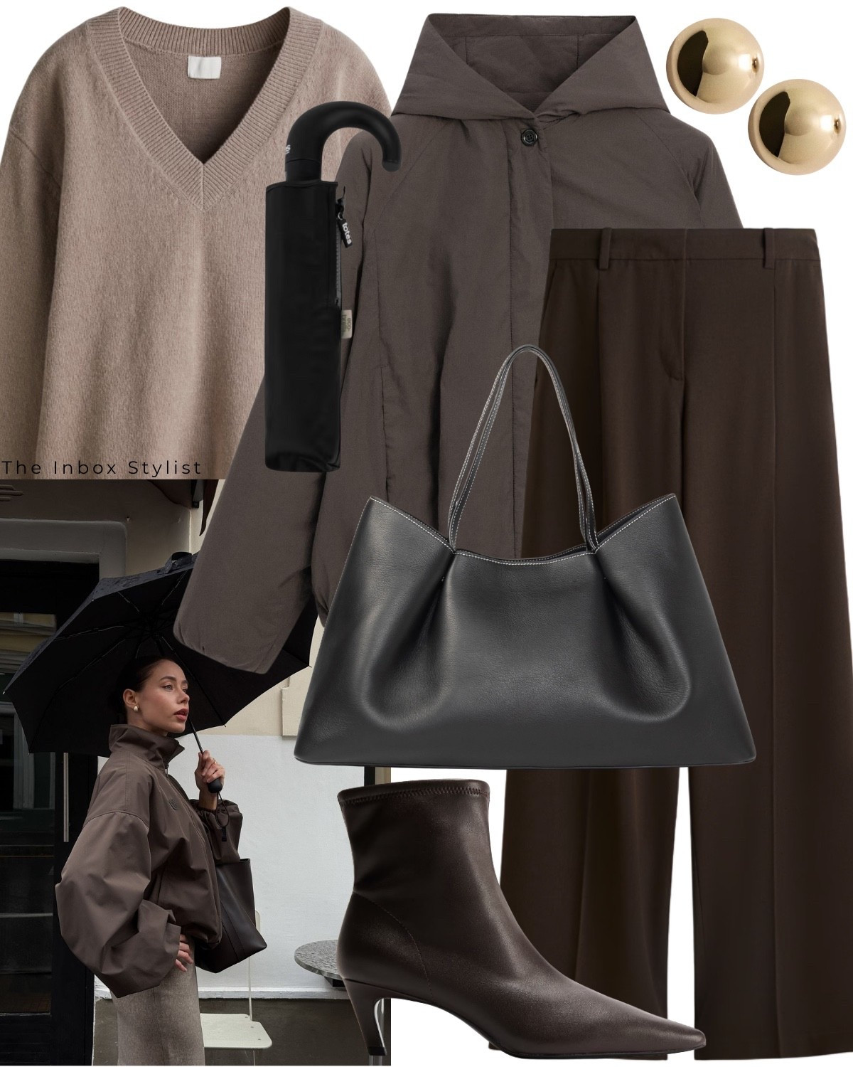 Love a monochrome outfit, even on a rainy day. 

Including water repellent bomber jacket, v neck jumper, brown trousers, gold stud earrings, black umbrella, black tote handbag, heeled boots  

#LTKuk #LTKautumn #LTKstyletip