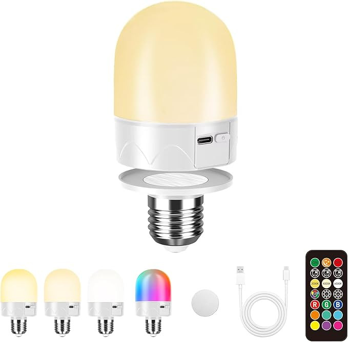 USB Rechargeable Light Bulb With Remote Control, E26 Battery Operated Light Bulb for Lamps RGB Co... | Amazon (US)