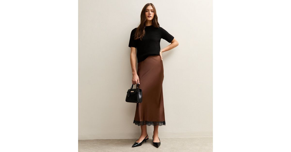 Dark Brown Lace Trim Midi Satin Skirt | New Look | New Look (UK)