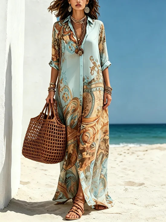 Casual Abstract Print Relaxed Maxi Shirt Dress | Stylewe