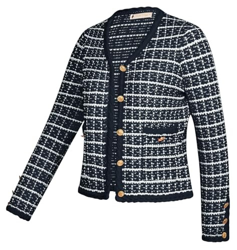 Belle Poque Women Cardigan Sweaters Tweed Jacket V Neck Sweater Blazer with Button for Fall Winter Spring Navy Blue XL | Amazon (US)