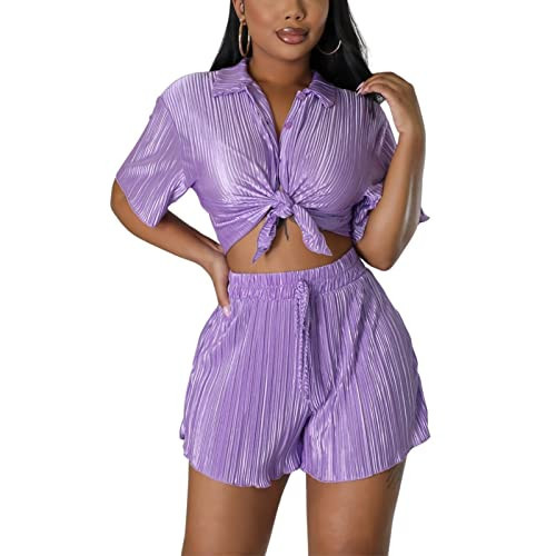 Women 2 Piece Pleated Set Short Sleeve Pants Plisse Matching Colorful Outfits Summer Vacation Button Down Y2k Shirt | Amazon (US)